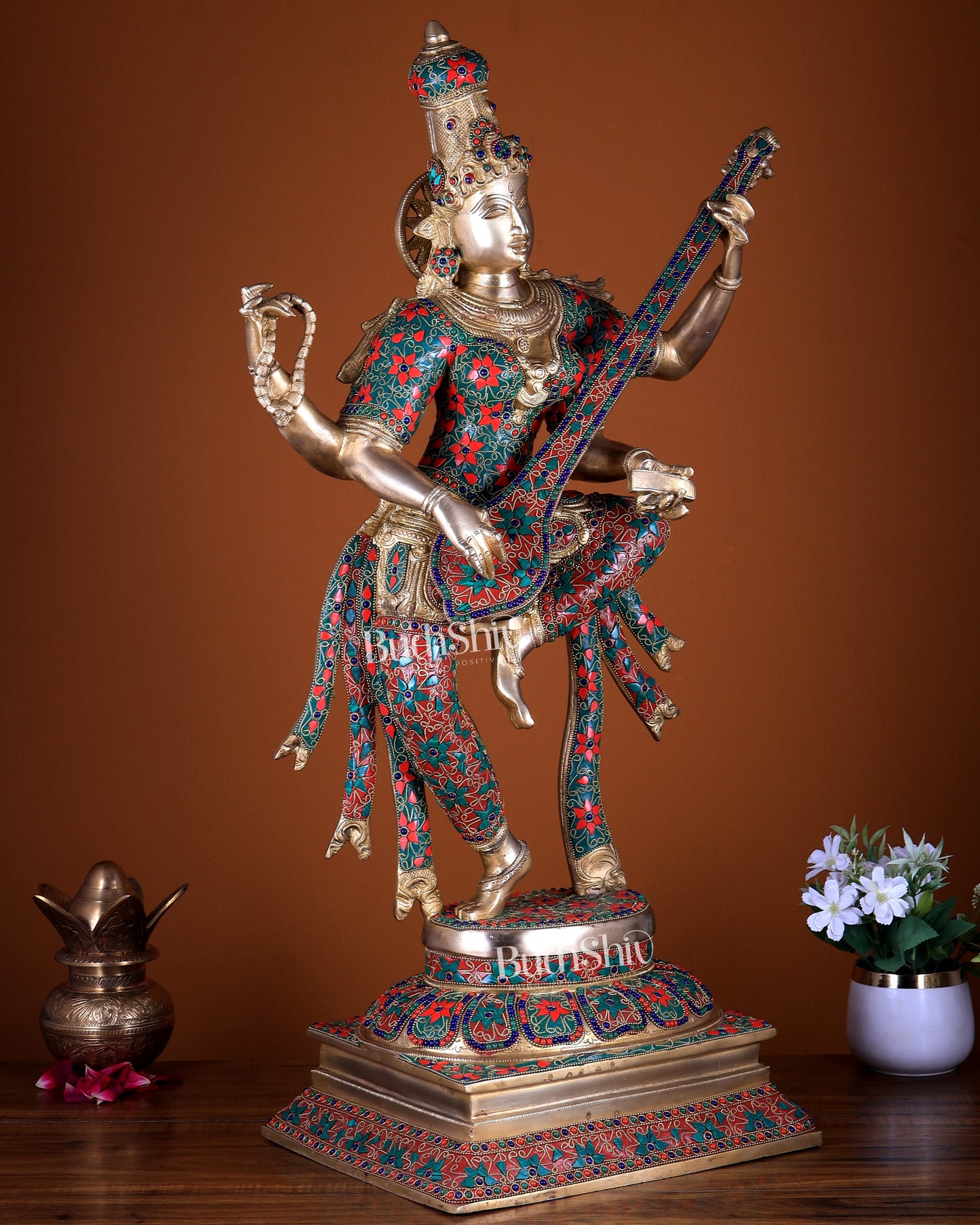 Brass Dancing Saraswati statue 32" with stonework