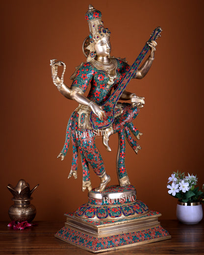 Brass Dancing Saraswati statue 32" with stonework