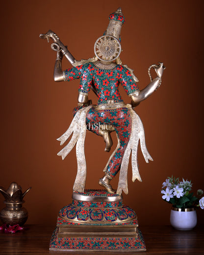 Brass Dancing Saraswati statue 32" with stonework
