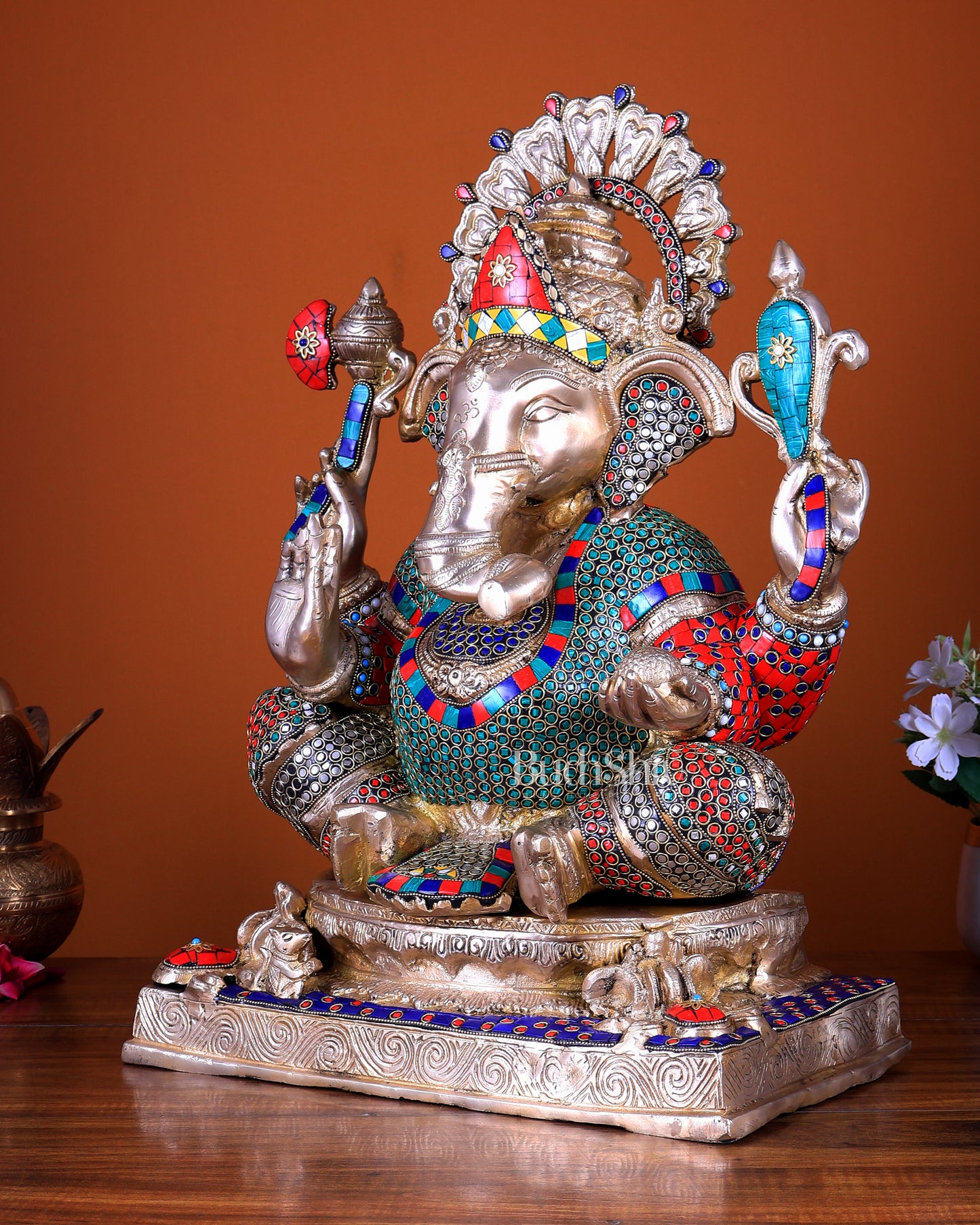 Brass Ganesha Statue 20 inch with meenakari Stonework