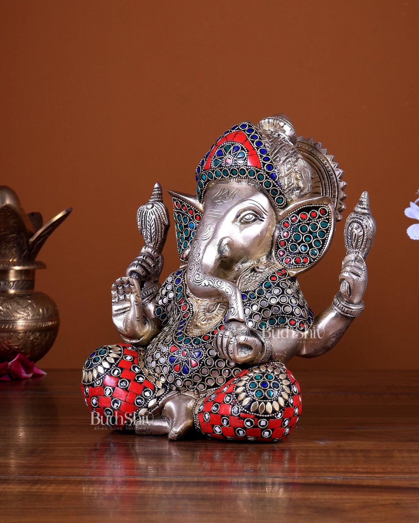 Brass Ganesha Statue 8.5 inch stonework