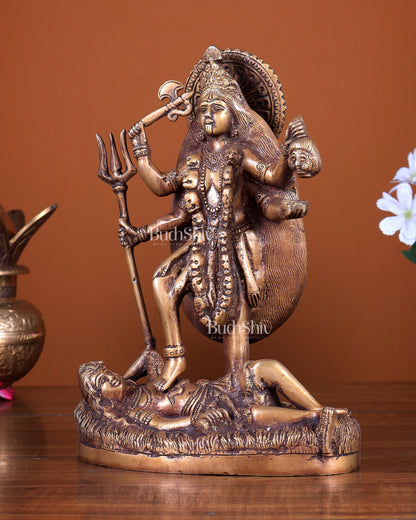 Pure Brass Goddess Kali Four-Armed Charbhuja Statue  Burnt brass tone 10.5 inch