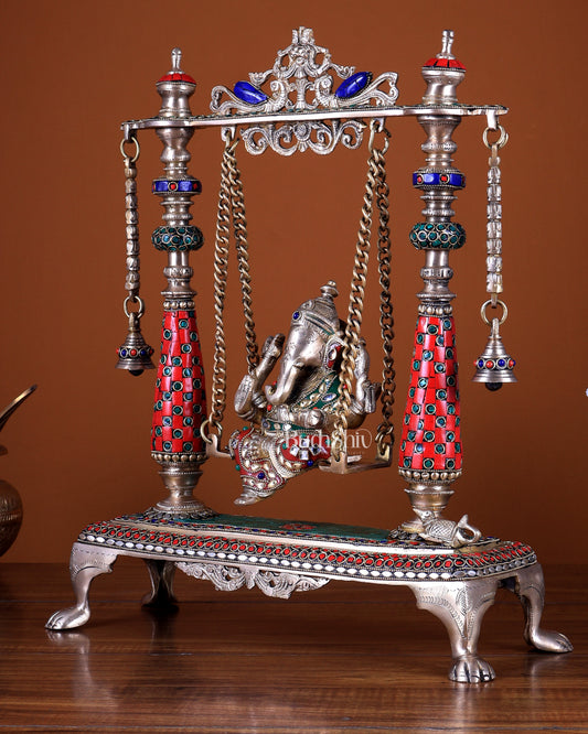 Pure Brass Lord Ganesha on Swing 16 Inch with stonework