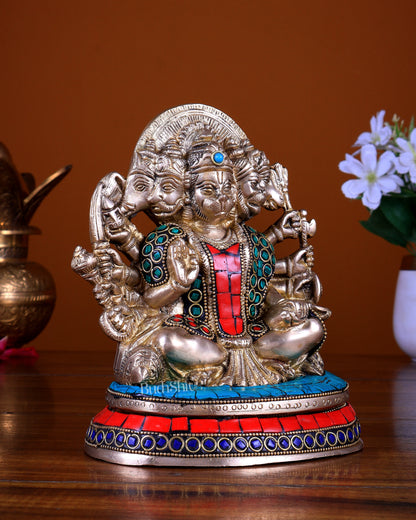 Brass Panchmukhi Hanuman Murti - 6.5 inch with Stonework