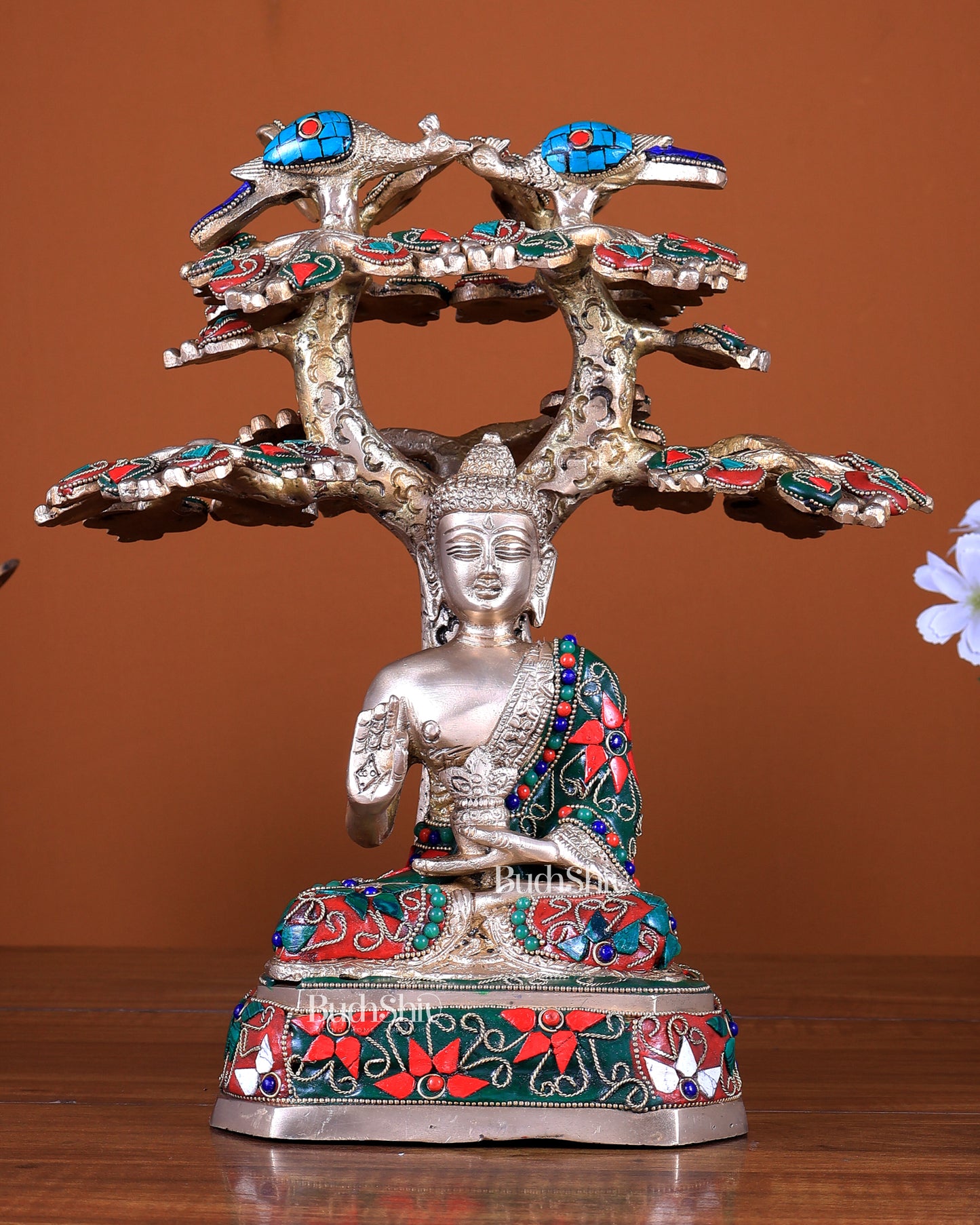 Unique Pure Brass Buddha Under Bodhi Tree Statue with Stonework – 11 inch