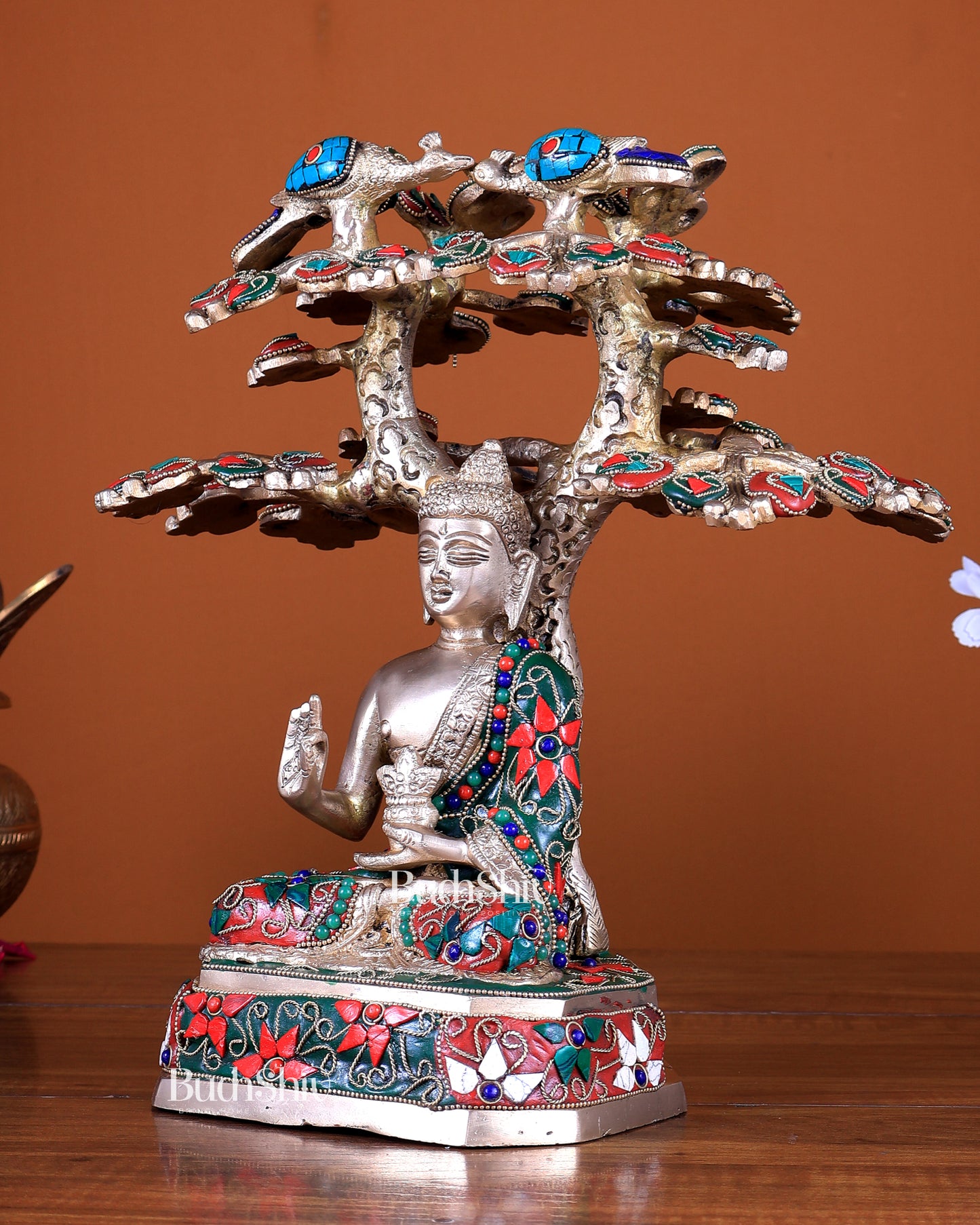 Unique Pure Brass Buddha Under Bodhi Tree Statue with Stonework – 11 inch