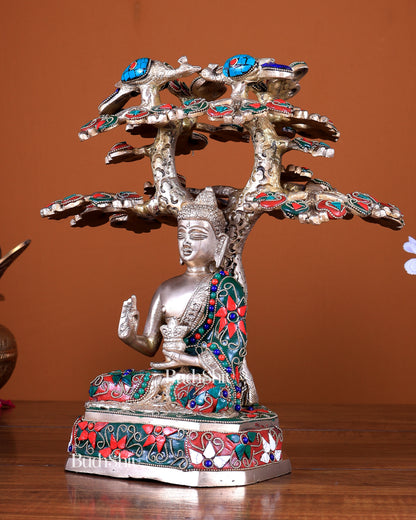 Unique Pure Brass Buddha Under Bodhi Tree Statue with Stonework – 11 inch