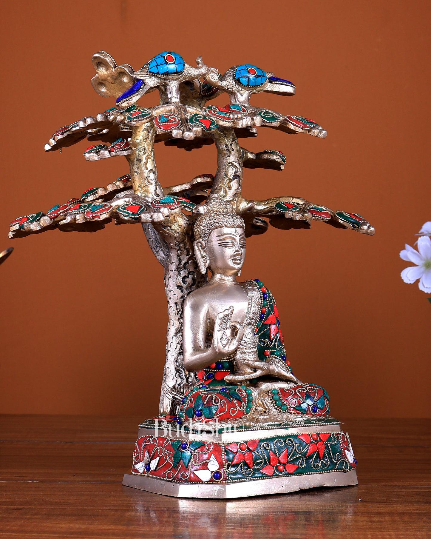 Unique Pure Brass Buddha Under Bodhi Tree Statue with Stonework – 11 inch