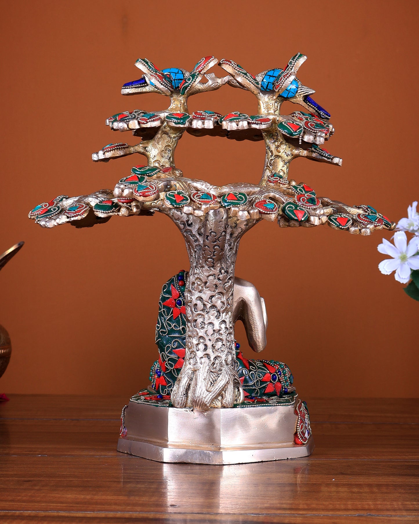 Unique Pure Brass Buddha Under Bodhi Tree Statue with Stonework – 11 inch