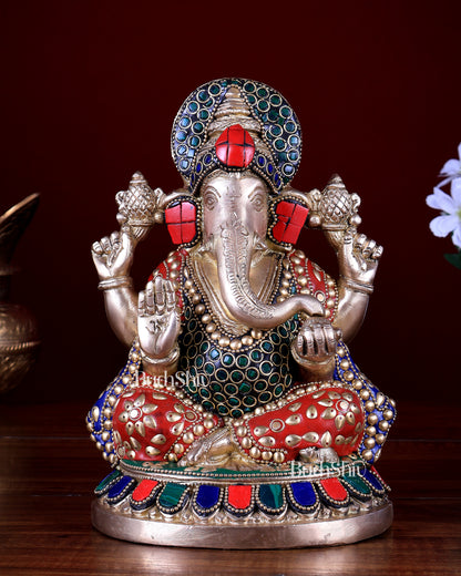 Pure Brass Ganesha Statue – Unique Stonework (8 Inch)