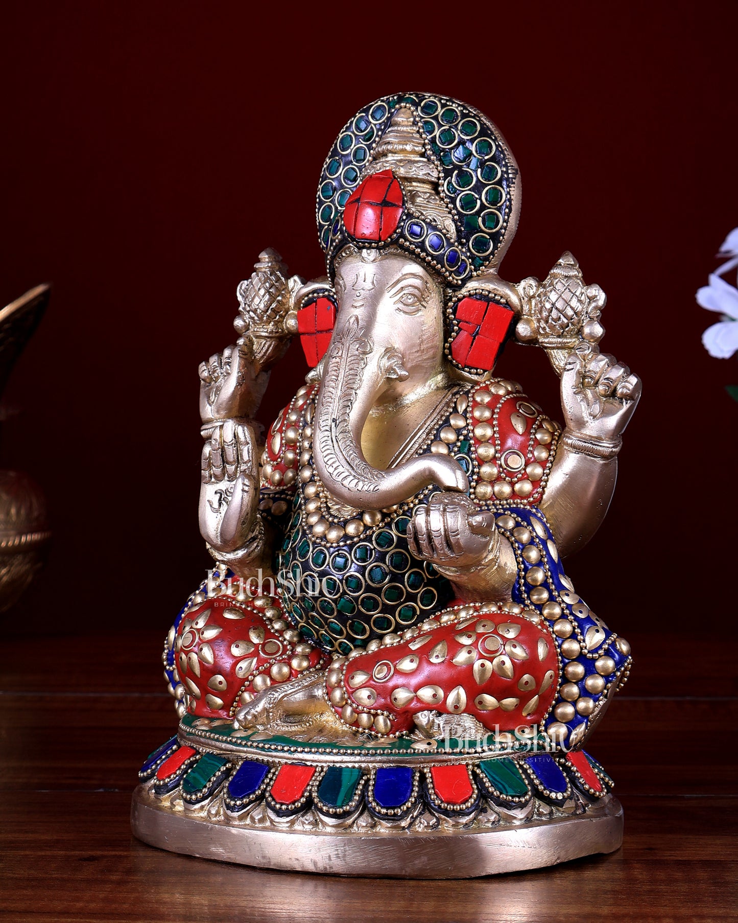 Pure Brass Ganesha Statue – Unique Stonework (8 Inch)