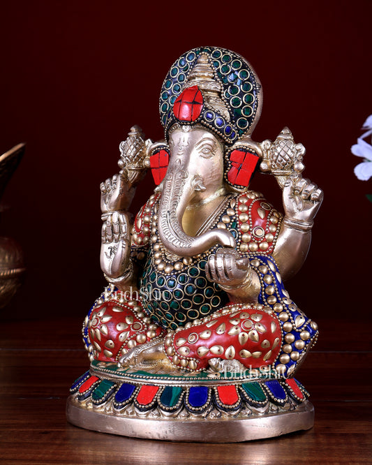 Pure Brass Ganesha Statue – Unique Stonework (8 Inch)