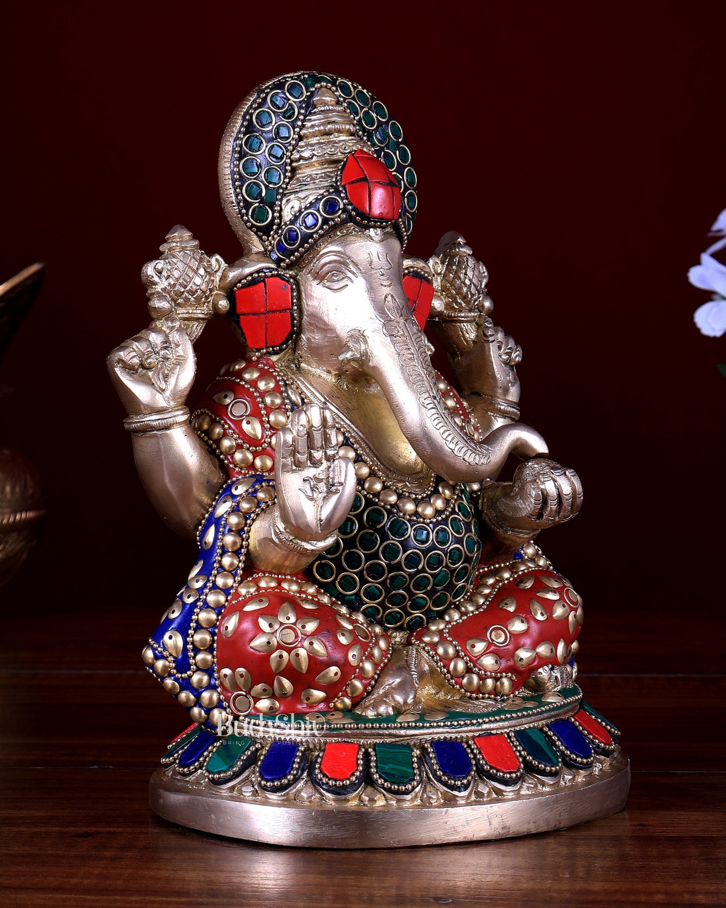 Pure Brass Ganesha Statue – Unique Stonework (8 Inch)