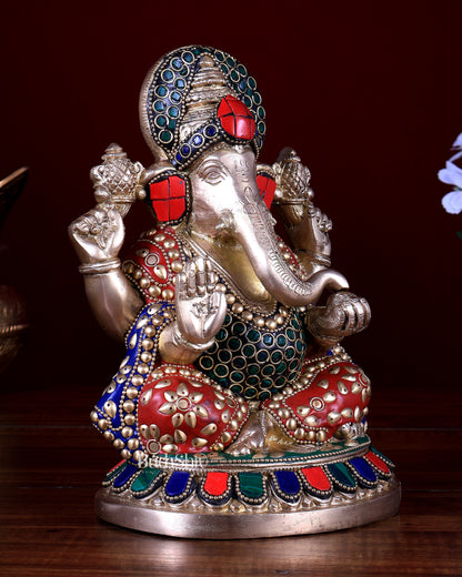Pure Brass Ganesha Statue – Unique Stonework (8 Inch)