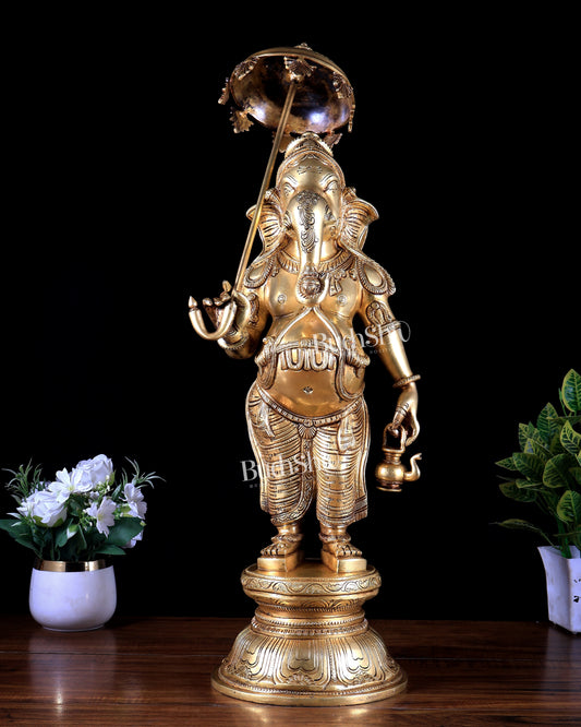 Brass Standing Ganesha with Umbrella & Kamandal – Rare Depiction of Lord Ganapati 28 inch