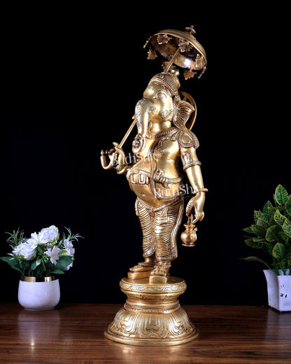 Brass Standing Ganesha with Umbrella & Kamandal – Rare Depiction of Lord Ganapati 28 inch