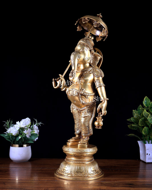 Brass Standing Ganesha with Umbrella & Kamandal – Rare Depiction of Lord Ganapati 28 inch