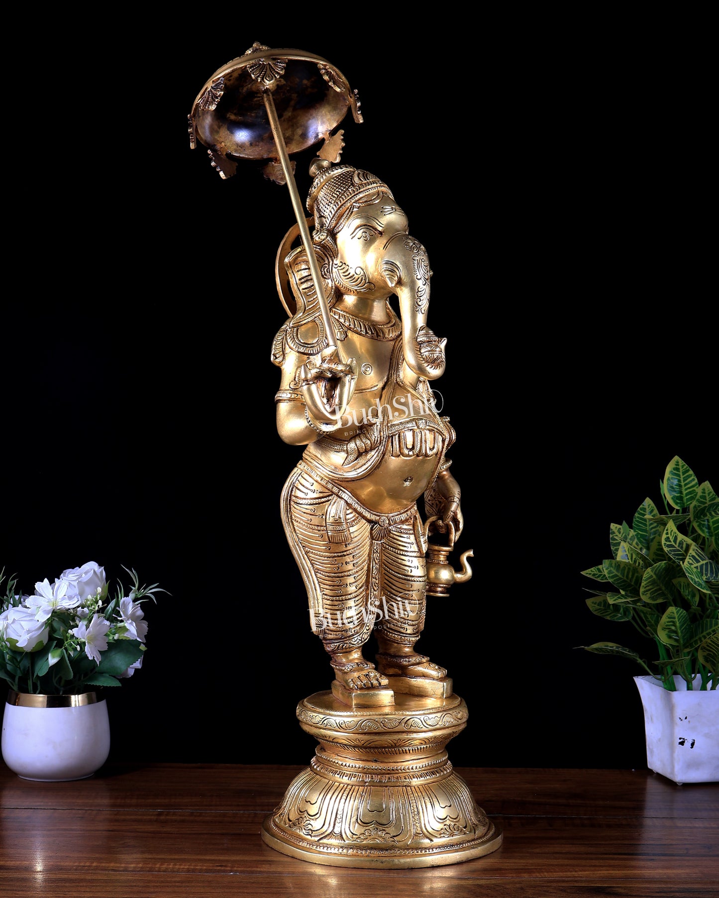 Brass Standing Ganesha with Umbrella & Kamandal – Rare Depiction of Lord Ganapati 28 inch