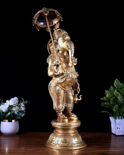 Brass Standing Ganesha with Umbrella & Kamandal – Rare Depiction of Lord Ganapati 28 inch