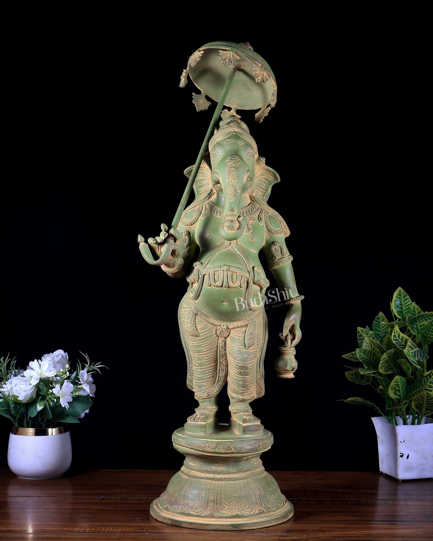 Brass Standing Ganesha with Umbrella & Kamandal – Rare Depiction of Lord Ganapati 28 inch green patina tone