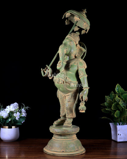 Brass Standing Ganesha with Umbrella & Kamandal – Rare Depiction of Lord Ganapati 28 inch green patina tone