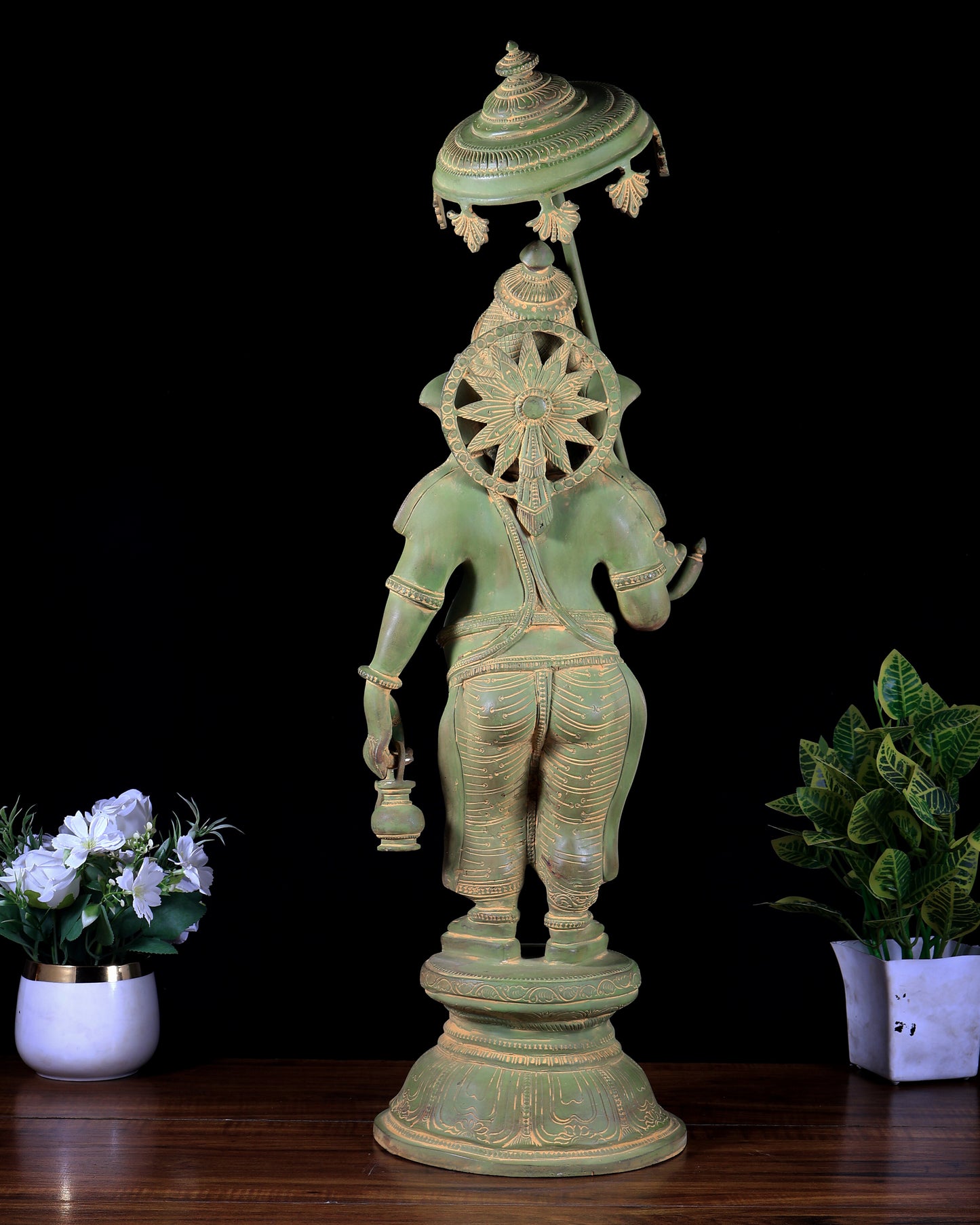 Brass Standing Ganesha with Umbrella & Kamandal – Rare Depiction of Lord Ganapati 28 inch green patina tone