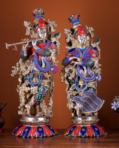 Brass Radha Krishna Idols - 27" with stonework