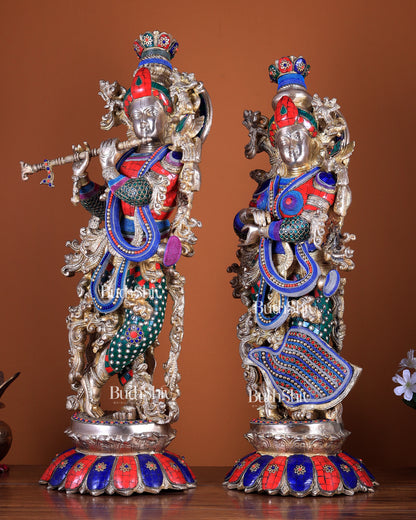 Brass Radha Krishna Idols - 27" with stonework