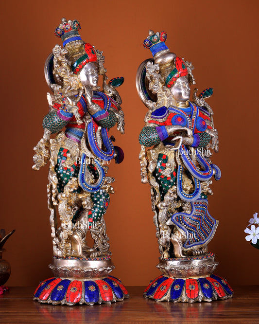 Brass Radha Krishna Idols - 27" with stonework