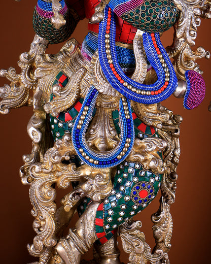 Brass Radha Krishna Idols - 27" with stonework