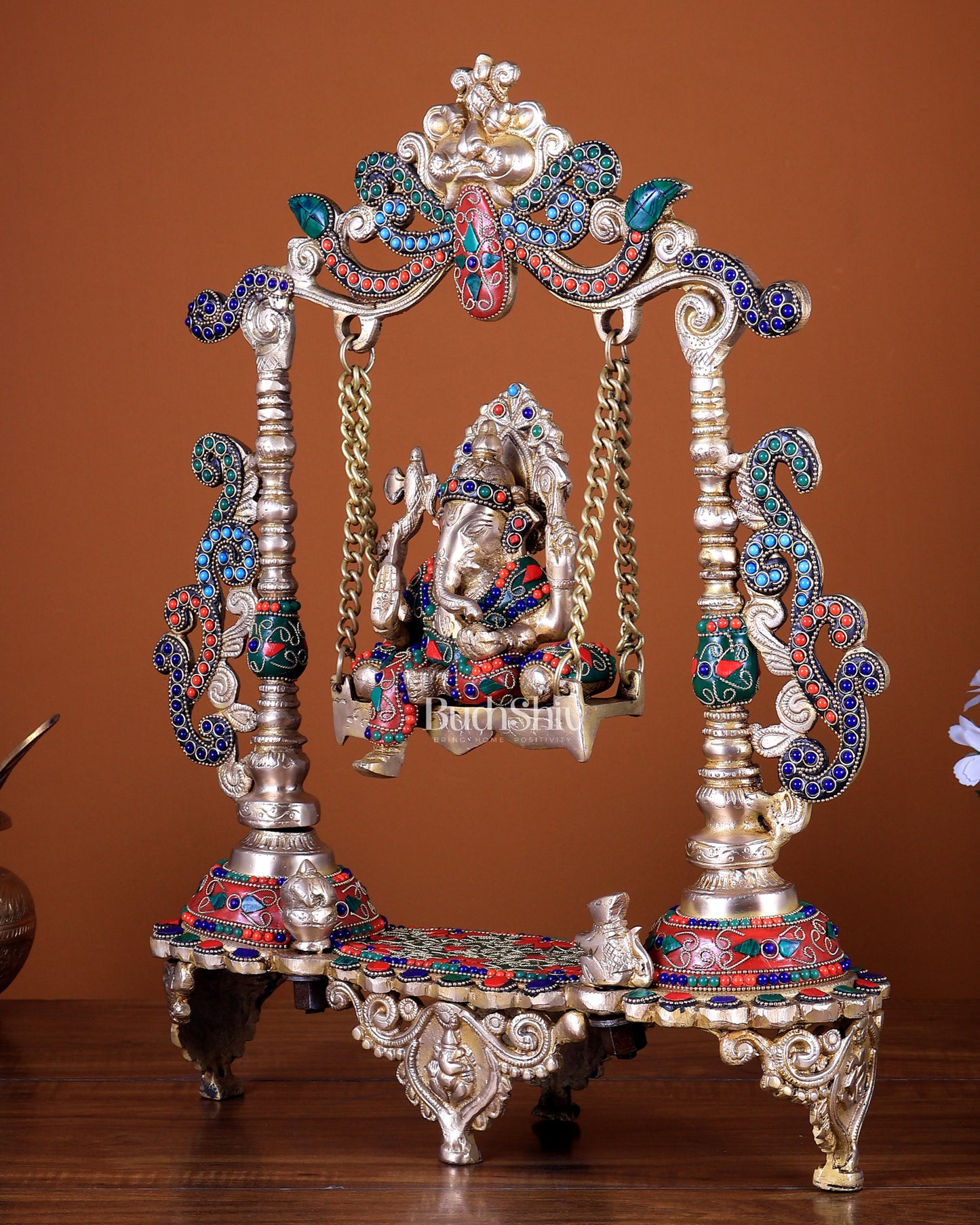 Brass Ganesha on a Swing with Stonework 20 inch