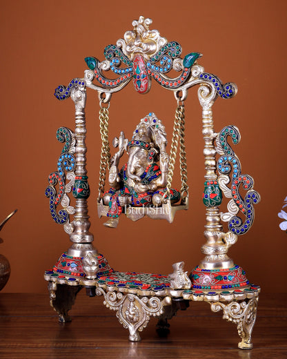 Brass Ganesha on a Swing with Stonework 20 inch