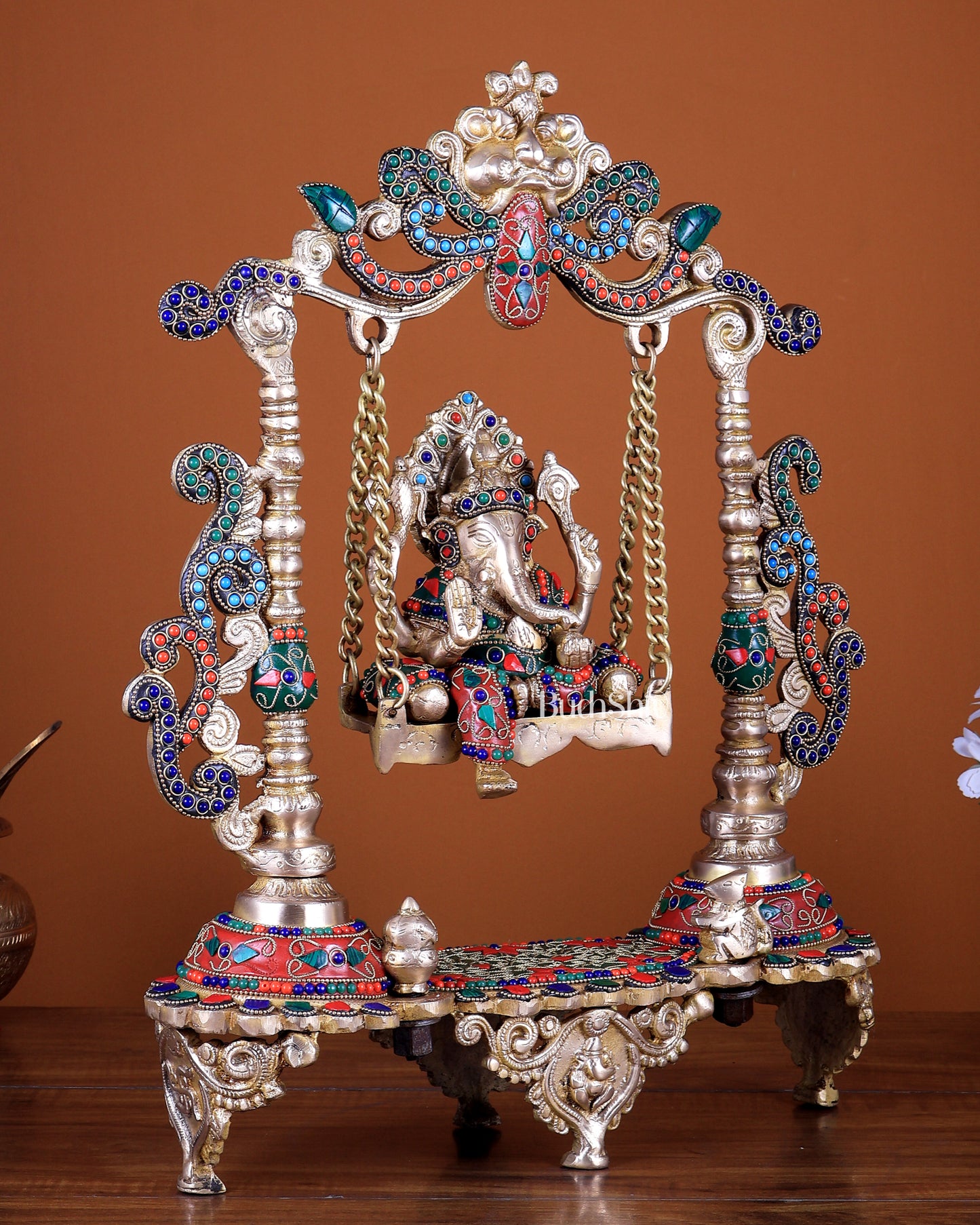 Brass Ganesha on a Swing with Stonework 20 inch