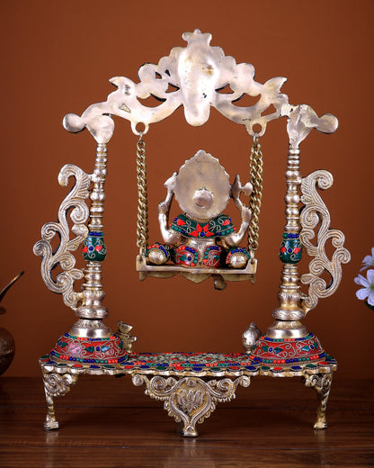 Brass Ganesha on a Swing with Stonework 20 inch