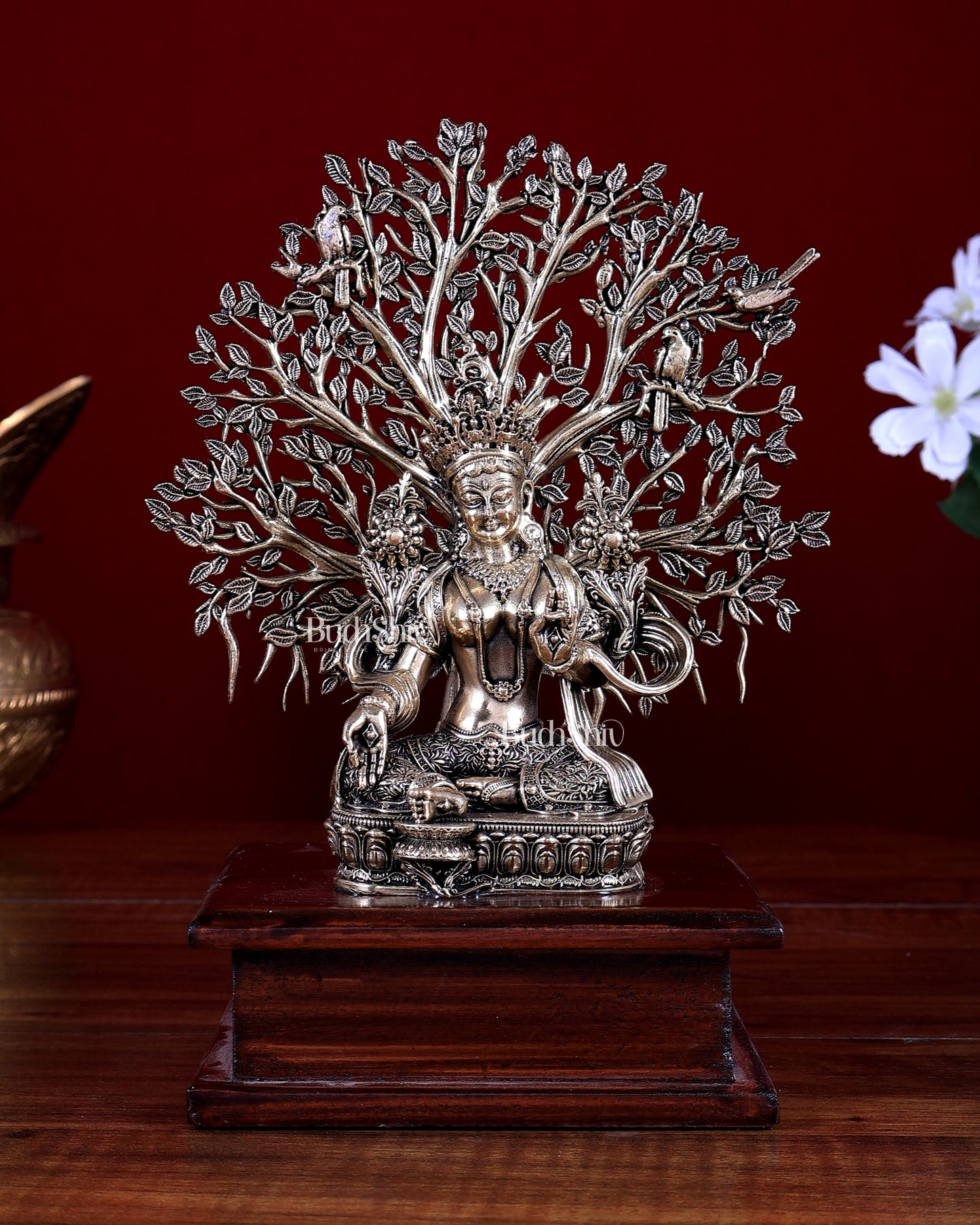 Brass Superfine Green Tara Idol with Bodhi Tree on Wooden Base 7.5"