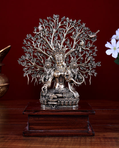 Brass Superfine Green Tara Idol with Bodhi Tree on Wooden Base 7.5"