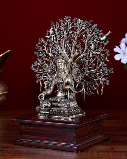 Brass Superfine Green Tara Idol with Bodhi Tree on Wooden Base 7.5"