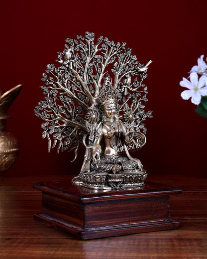 Brass Superfine Green Tara Idol with Bodhi Tree on Wooden Base 7.5"