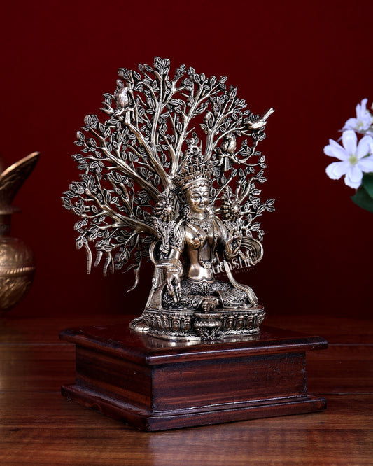 Brass Superfine Green Tara Idol with Bodhi Tree on Wooden Base 7.5"