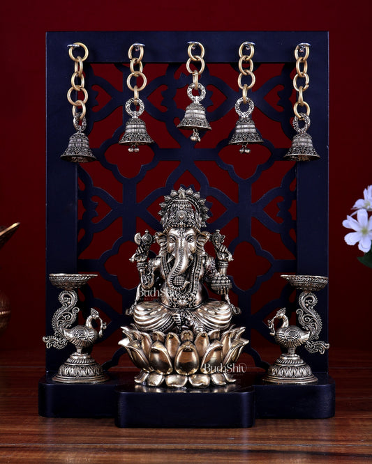 Brass Superfine Ganesha on Lotus with Annam Lamps & Hanging Bells 12 inch
