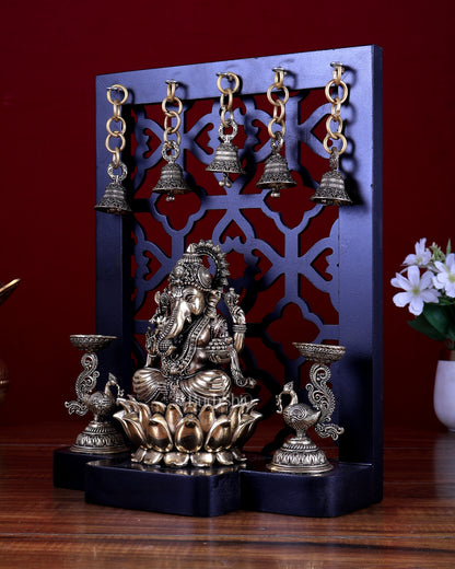 Brass Superfine Ganesha on Lotus with Annam Lamps & Hanging Bells 12 inch