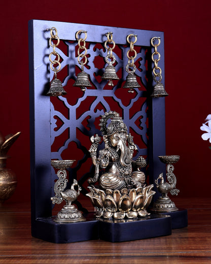 Brass Superfine Ganesha on Lotus with Annam Lamps & Hanging Bells 12 inch