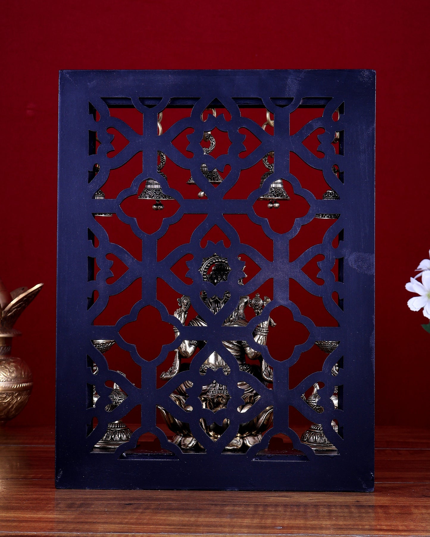 Brass Superfine Ganesha on Lotus with Annam Lamps & Hanging Bells 12 inch