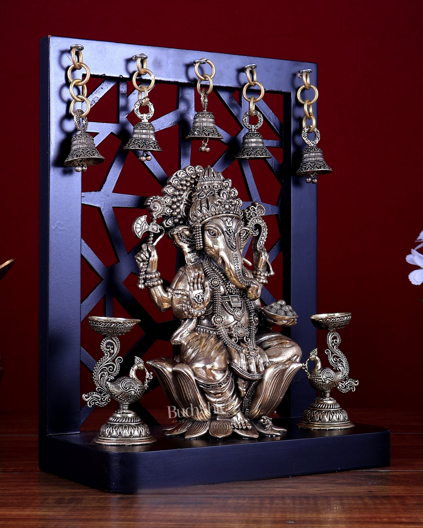 Brass Superfine Ganesha on Lotus with Annam Lamps & Hanging Bells 12 inch
