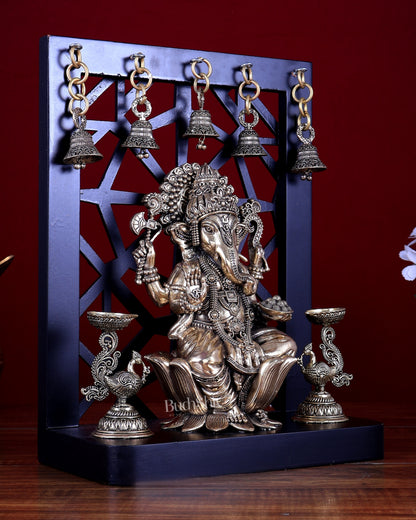 Brass Superfine Ganesha on Lotus with Annam Lamps & Hanging Bells 12 inch