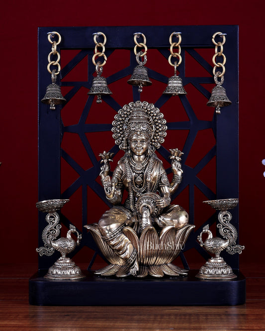 Brass Superfine Goddess Lakshmi on Lotus with Annam Lamps & Hanging Bells