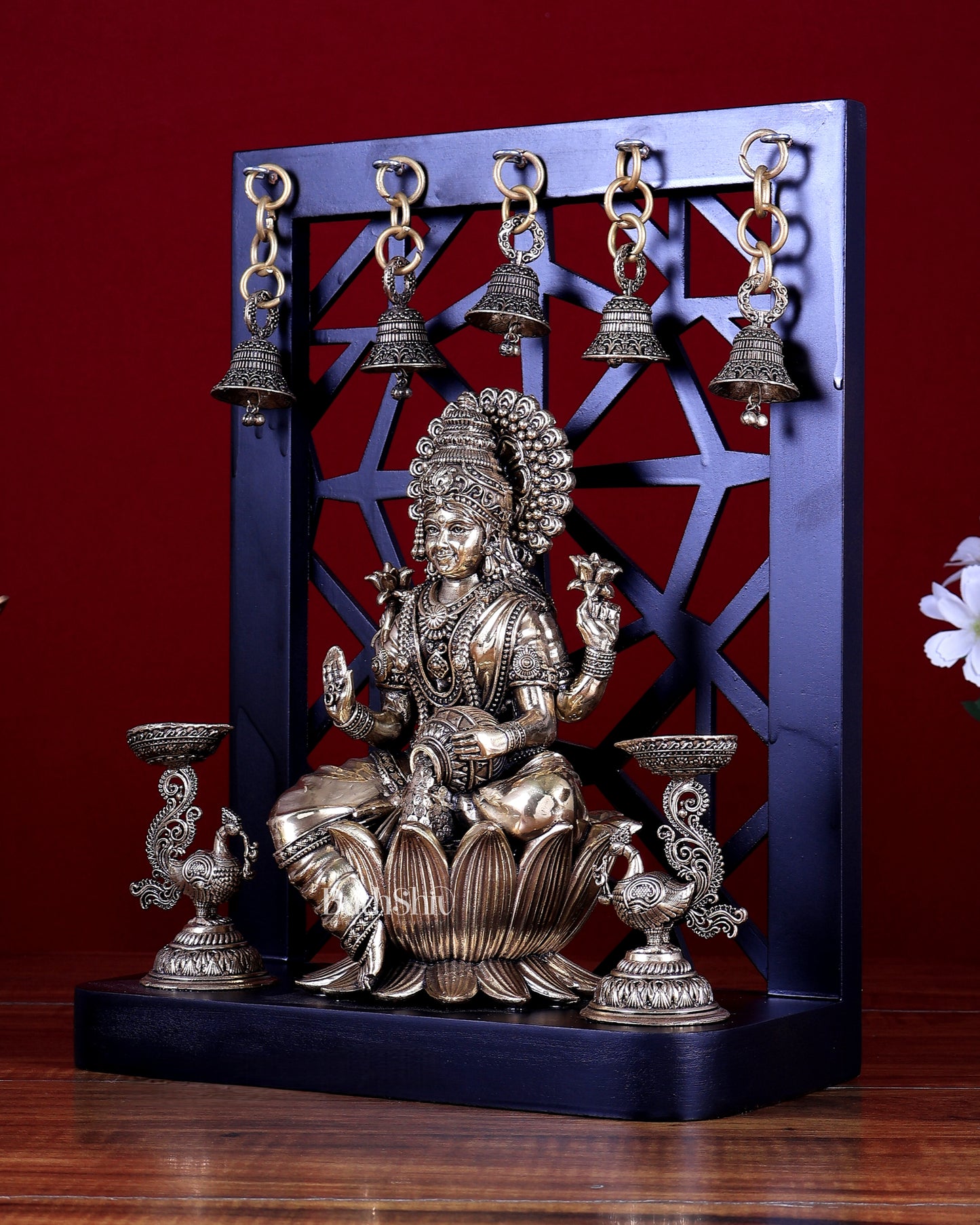 Brass Superfine Goddess Lakshmi on Lotus with Annam Lamps & Hanging Bells