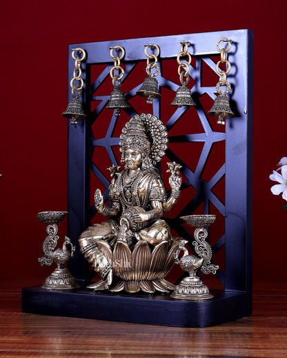 Brass Superfine Goddess Lakshmi on Lotus with Annam Lamps & Hanging Bells