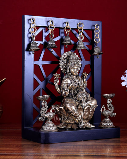 Brass Superfine Goddess Lakshmi on Lotus with Annam Lamps & Hanging Bells