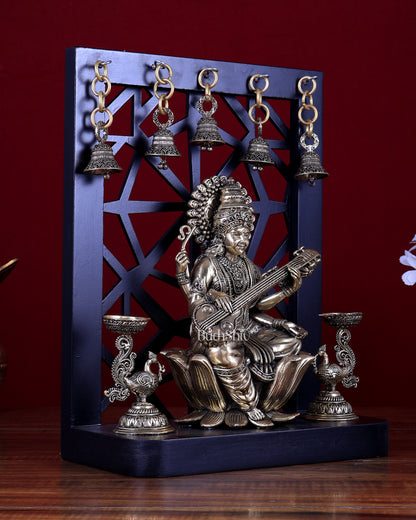 Brass Superfine Goddess Saraswati on Lotus with Annam Lamps & Hanging Bells